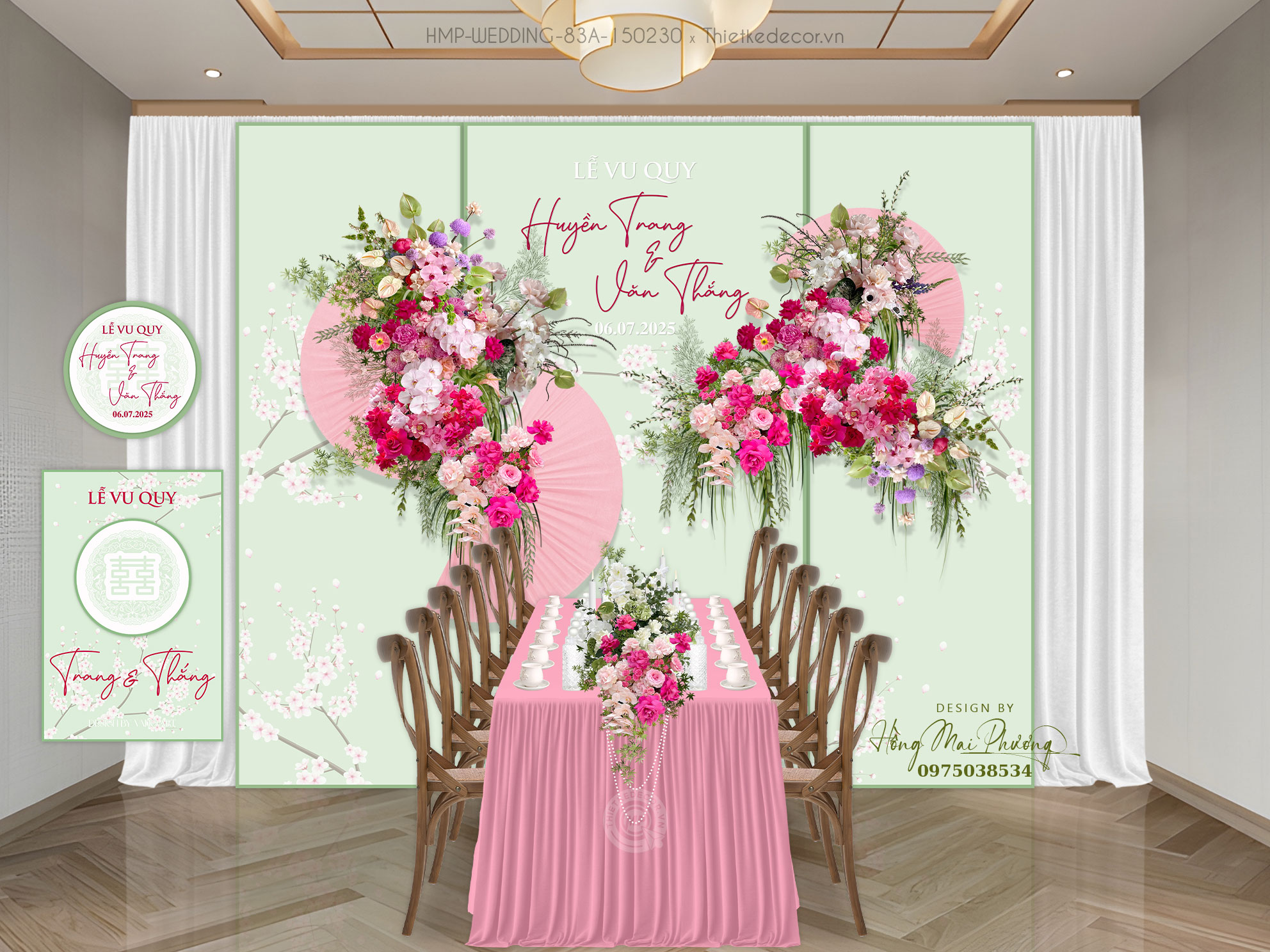 Gia tiên tone xanh lá pastel nhấn màu hồng, kèm tem nước và tag bàn cùng họa tiết